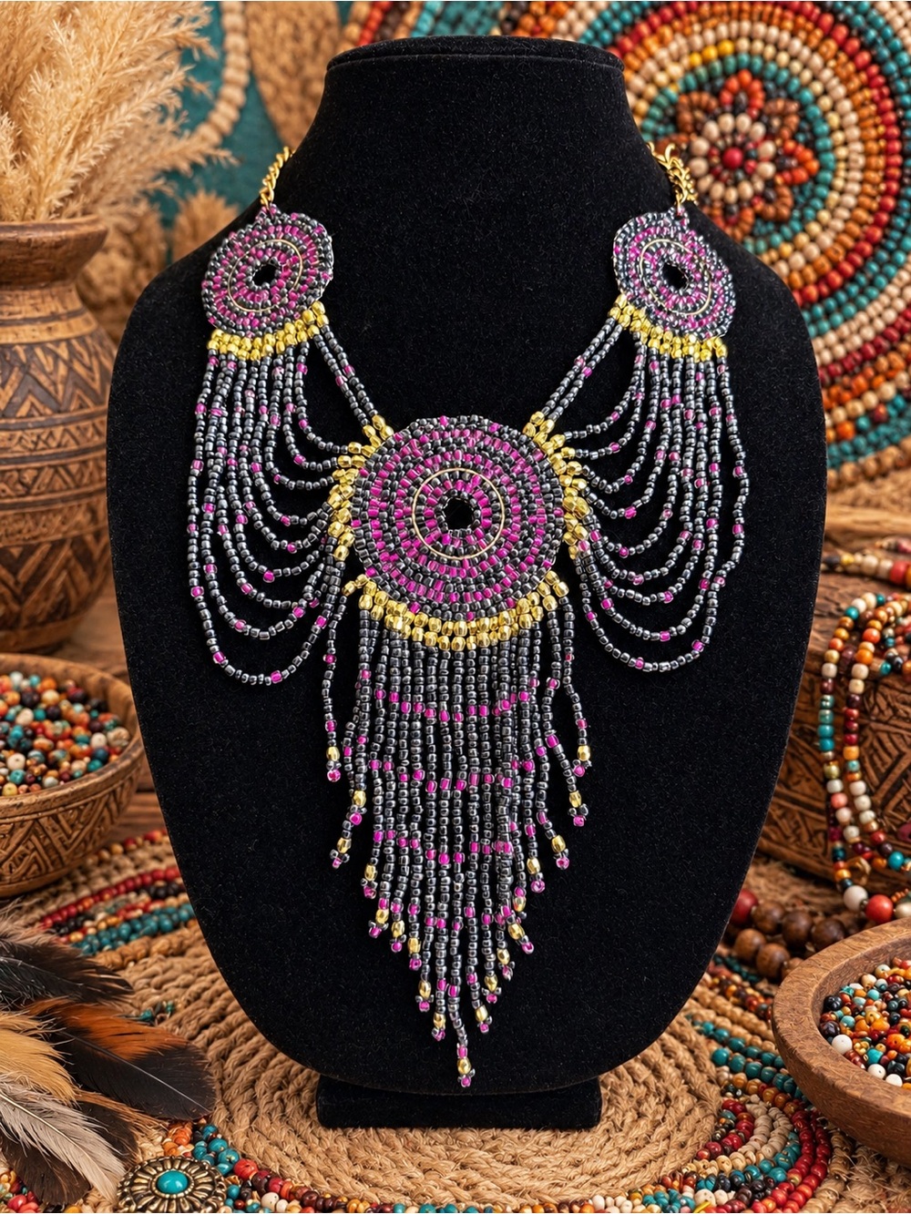Handcrafted Beaded Fringe Necklace - Pink & Gold Accent